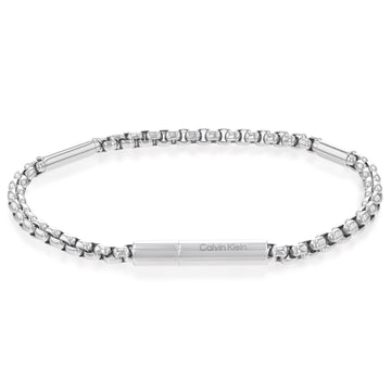 Ανδρικό βραχιόλι Calvin Klein 35000574 ατσάλινο σε ασημί χρώμα με πλέξη αλυσίδας & ασημί στοιχεία.